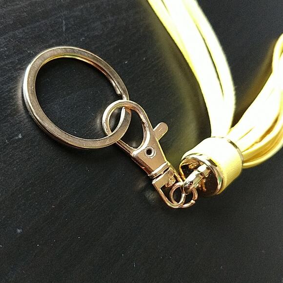 Faux Leather Yellow Tassel Keychain gold tone hardware spring hook clip 4" - Picture 6 of 7